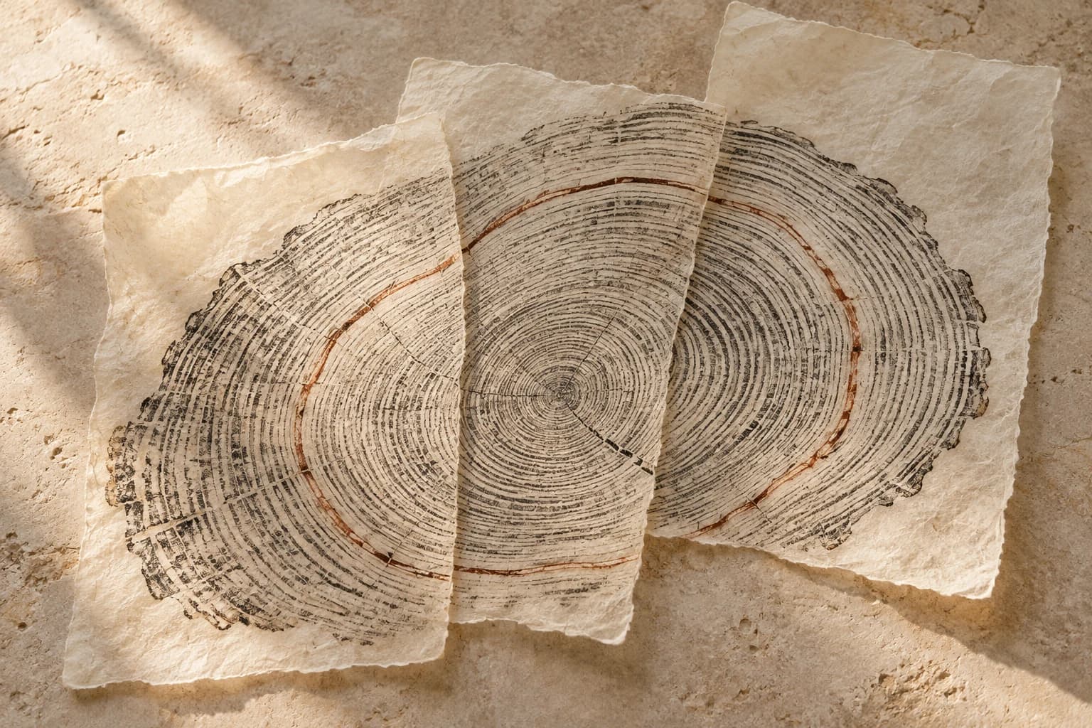 An oak growth-ring print continuing across three overlapping sheets of paper